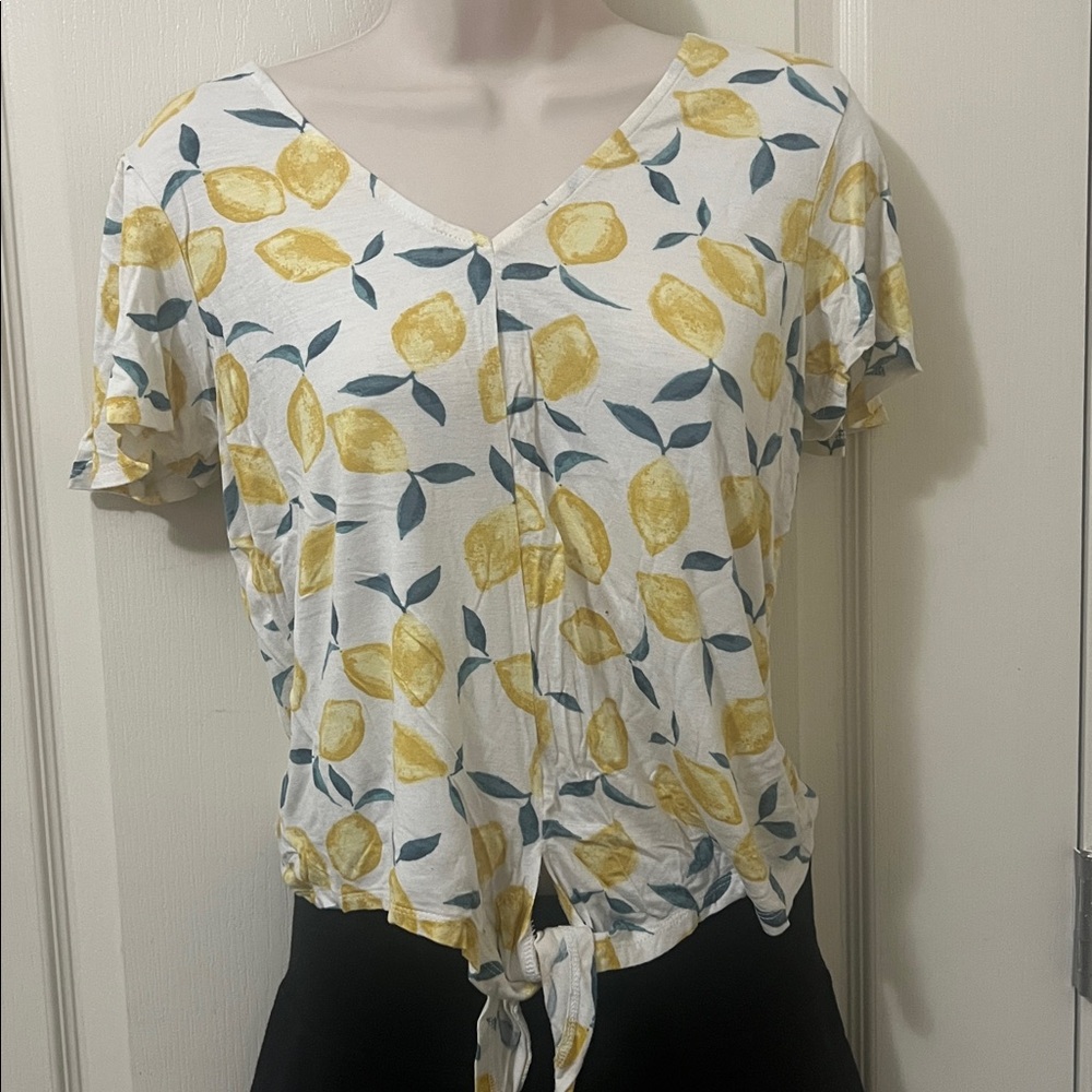 Pink Rose White Lemon-Print Tie-Front V-Neck Top